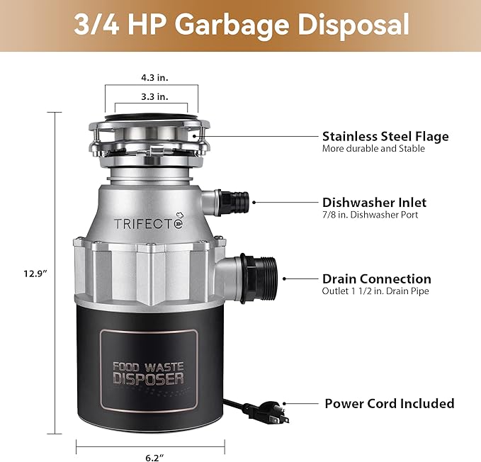 Trifecte Garbage Disposals with Power Cord, Coutinuous Feed Food Waste Disposal with Sound Reduction (EM 200)-Ruum Studio Home