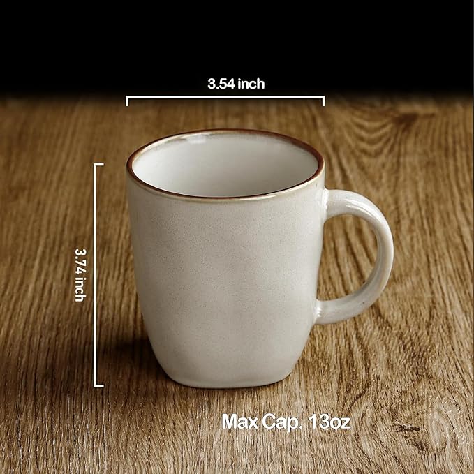 famiware Coffee Mugs Set of 4, Ocean Square 13oz Coffee Cup Set with Handle for Cocoa, Milk, Hot Chocolate, Stoneware Cups for Kitchen, Reactive Glaze, Microwave and Dishwasher Safe, Cappuccino White-Ruum Studio Home