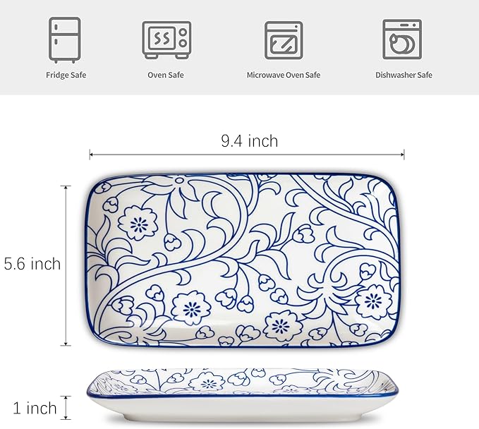 Selamica Ceramic Rectangular Salad Plates Set, Dinner Plate 9.4 Inch Dessert Plates for Party Entertaining, Small Serving Plates for Appetizers, Sushi, Fruit, Set of 4, Vintage Blue-Ruum Studio Home