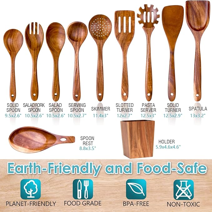 Wooden Spoons for Cooking, Acacia Wood Cooking Utensils Set – 11 Piece Wooden Kitchen Tools with Holder, Spoon Rest, Nonstick Cookware Safe by HOWHONG-Ruum Studio Home