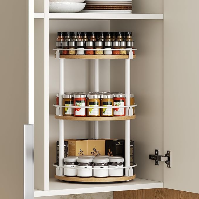 3-Tier Lazy Susan Organizer, Rotating Spice Rack, Spinning Organizer, Industrial Turntable Spice Rack Organizer for Cabinet, Kitchen Countertop, Pantry, White and Natural SR23WN-Ruum Studio Home