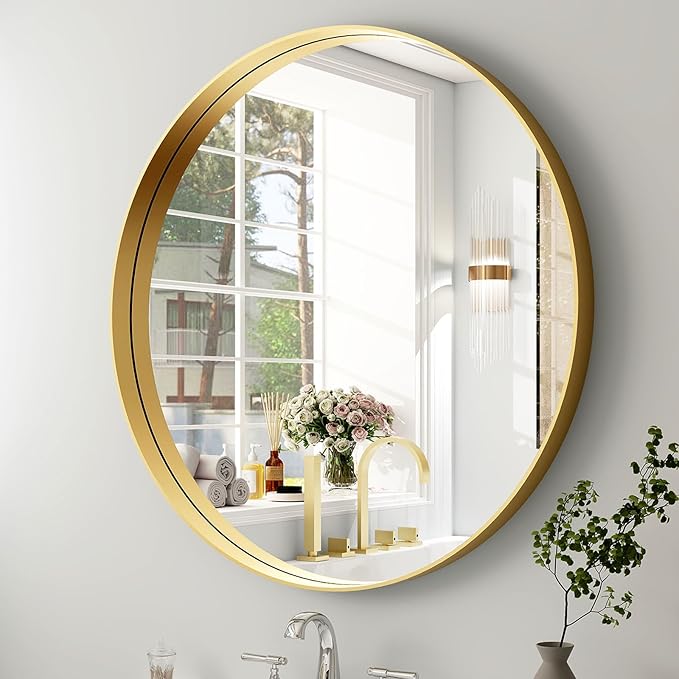 24 Inch Round Bathroom Mirror - Wall Mounted Circle Mirror with Metal Frame, Modern Mirror Suitable for Bathroom, Vanity, Entryway, Living Room, Wall Decor,Gold-Ruum Studio Home