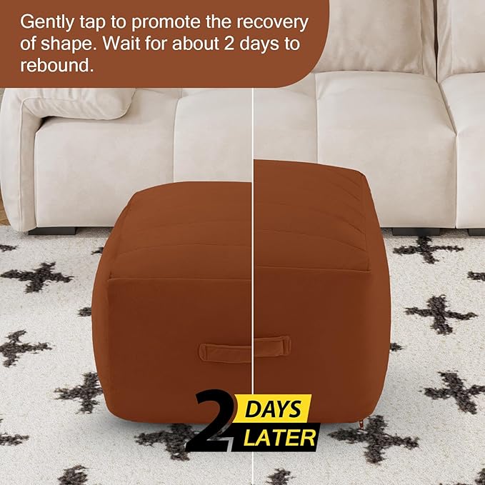 MeMoreCool Square Stuffed Pouf Ottoman Foot Rest, Floor Pouf Foot Stool with Foam Chunk Filling, Soft Stuffed Ottoman Footrest for Living Room, Coffee-Ruum Studio Home