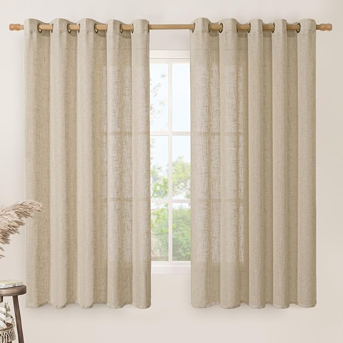 LAMIT Linen Curtains 63 inch Length for Living Room, Linen Light Filtering Boho Semi Sheer Window Textured Burlap Drapes with Bronze Grommet for Bedroom, 2 Panels Set, 60 x 63 Inch, Brown-Ruum Studio Home