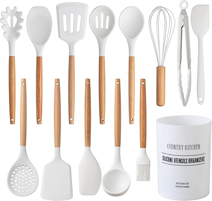 Country Kitchen Non Stick Silicone Utensil Set with Rounded Wood Handles for Cooking and Baking, 14 Piece Set, White-Ruum Studio Home