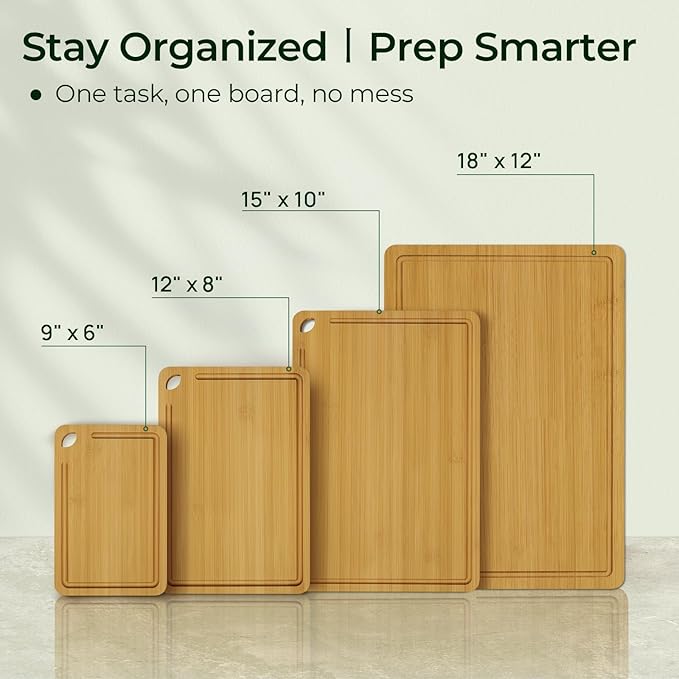 4-Pcs Natural Wood Cutting Board Set Kitchen Tools with Juice Groove, Wooden Chopping Board for Meat, Fruit, Vegetables & Cheese (Pre Oiled, Natural)-Ruum Studio Home
