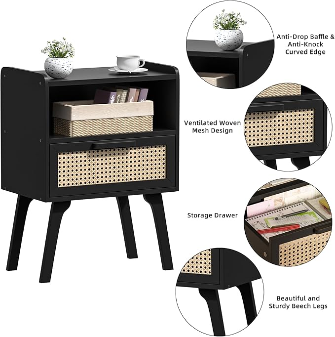 Lerliuo Rattan Nightstand, Bedside Table with Drawer Open Shelf, Cane Accent Side End Table with Solid Wood Legs, Black Mid Century Night Stand for Bedroom, Dorm and Small Spaces-Ruum Studio Home