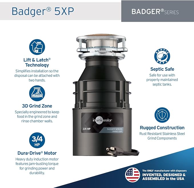 InSinkErator Badger 5XP Garbage Disposal with Power Cord, Standard Series 3/4 HP Continuous Feed Food Waste Disposer, Badger 5XP W/C-Ruum Studio Home