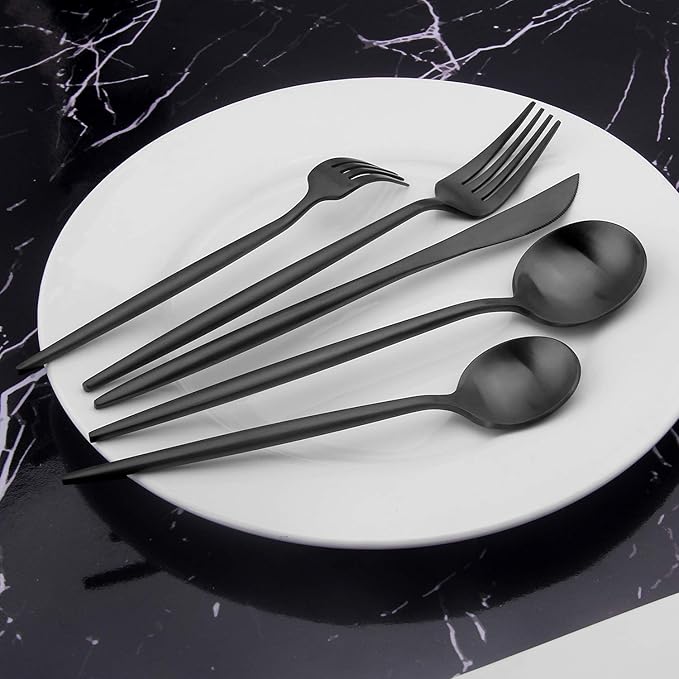 Matte Black Silverware Set, Vanys 20 Piece Stainless Steel Cutlery Flatware Set, Kitchen Utensil Sets for 4, Tableware With Knife Spoons And Forks Set, Satin Finished Polished-Ruum Studio Home