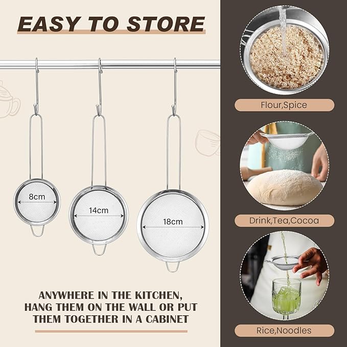 Norme 5 Quart Stainless Steel Silver Colander and 3 Pcs Silver Fine Mesh Strainer, Stainless Steel Pasta Rice Food Metal Strainer with Handles, Easy Clean and Dishwasher Safe-Ruum Studio Home