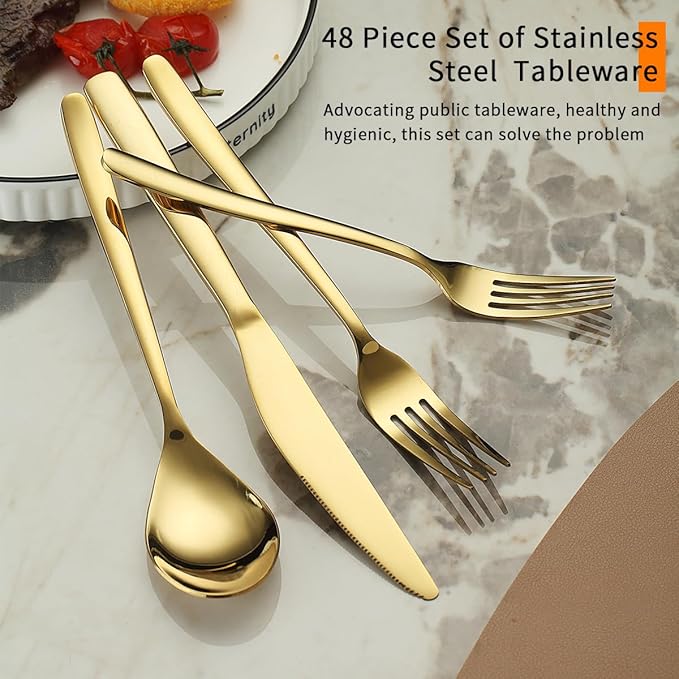 Berglander Gold Silverware Set 48pcs Service for 12, Golden Titanium Plating Stainless Steel Flatware Set, Gold Spoons Forks Knives Set for Home, Wedding, Restaurant, Hotel, Dishwasher Safe-Ruum Studio Home