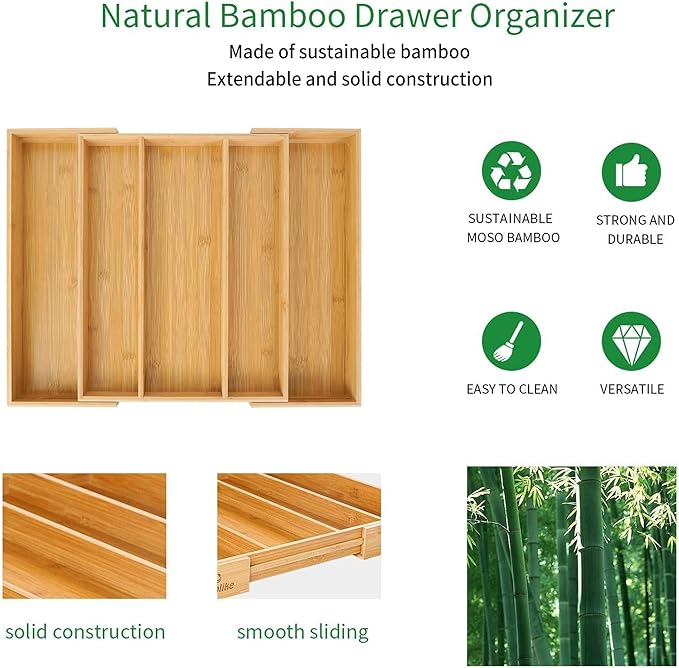 Utoplike Bamboo Expandable Kitchen Drawer Organizer, Adjustable Utensil Holder and Cutlery Tray Organiser, Drawer Divider for Silverware, Flatware, Knives in Kitchen, Bedroom, Living Room, 5 Slot-Ruum Studio Home