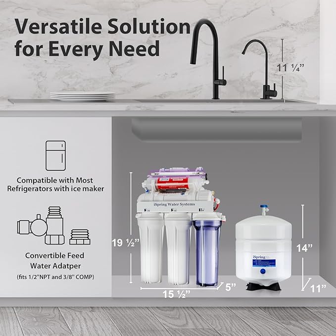 iSpring RCC7AK-UVBLK, NSF/ANSI 58 Certified, Alkaline and UV 7-Stage Reverse Osmosis Water Filter System, Clear Housing for Easy Filter Inspection, Reduces PFAS, TDS, Chlorine, Lead, pH+-Ruum Studio Home