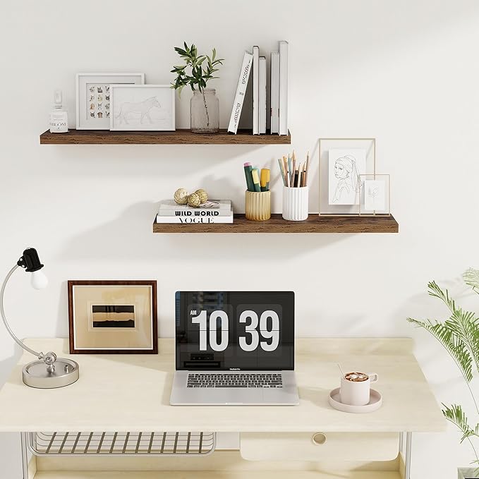 32Inch Floating Shelves for Wall 2 Pack Wood Shelves for Kitchen, Bathroom, Bedroom Wall Mounted Rustic Wood Floating Shelf with Invisible Brackets for Books, Storage, Decor, Rustic Brown-Ruum Studio Home