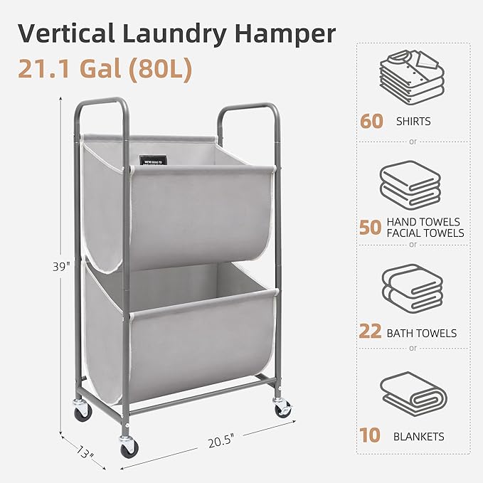 STORAGE MANIAC 80 Liters Vertical Rolling Laundry Hamper, 2 Section Laundry Sorter with Wheels and 2 Breaks, 2-tier Laundry Baskets for Small Space, Dorm, Laundry Room, Closet, Bathroom, Gray 2-tier-Ruum Studio Home