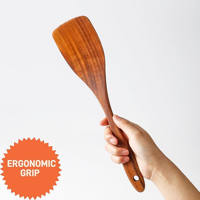6 PCS Wooden Spoons for Cooking - Teak Wooden Cooking Utensils Set with Holder - Non-Stick, Soft Grip, Ergonomic Design - Natural Finish-Ruum Studio Home