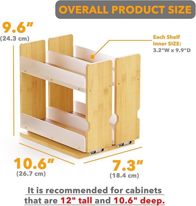 SpaceAid Bamboo Pull Out Spice Rack Organizer for Cabinet, Heavy Duty Slide Out Seasoning Kitchen Pantry Sliding Vertical Organization, 7.3" Wide, 2 Drawers(3" Wide), 2-Tier, Natural-Ruum Studio Home