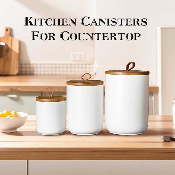 JOJUNO White Ceramic Canister Set with Wooden Lid, 3-Piece Airtight Food Storage Jars for Kitchen Counter - Flour, Sugar, Coffee, Tea, Spice - Small, Medium, Large Sizes-Ruum Studio Home