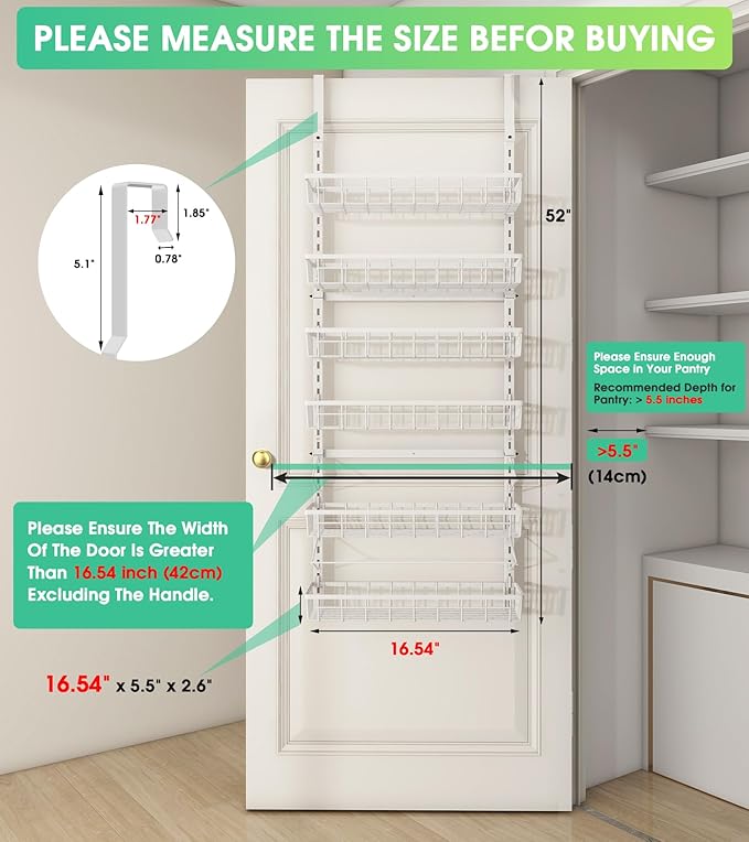 Over The Door Pantry Organizer, Wall Mount Spice Rack, Pantry Hanging Storage and Organization, 6 Adjustable Baskets Heavy-Duty Metal for Home & Kitchen, Back of Door Seasoning Rack - White-Ruum Studio Home