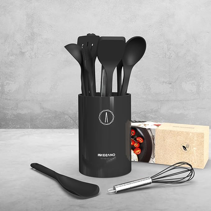 Silicone Cooking Utensils Set - 600°F Heat Resistant, Nonstick Kitchen Utensil Set with Spatulas, Spoons, Whisk, Tongs, BPA Free, Dishwasher Safe, Black-Ruum Studio Home
