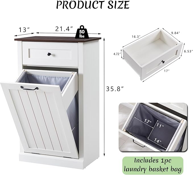 Tilt Out Laundry Hamper Cabinet, 10 Gallon Farmhouse Trash Can Cabinet with Drawer, Hidden Wood Garbage Can Bin Cabinet with Laundry Storage Basket for Bathroom, Kitchen, Antique White-Ruum Studio Home