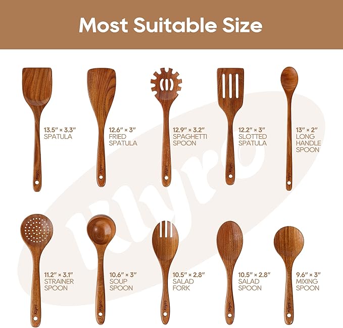 Teak Wooden Cooking Utensils Set, 10 Piece Premium Kitchen Cookware, Non-Scratch Wooden Spoons for Cooking, Perfect for Cooking and Serving-Ruum Studio Home