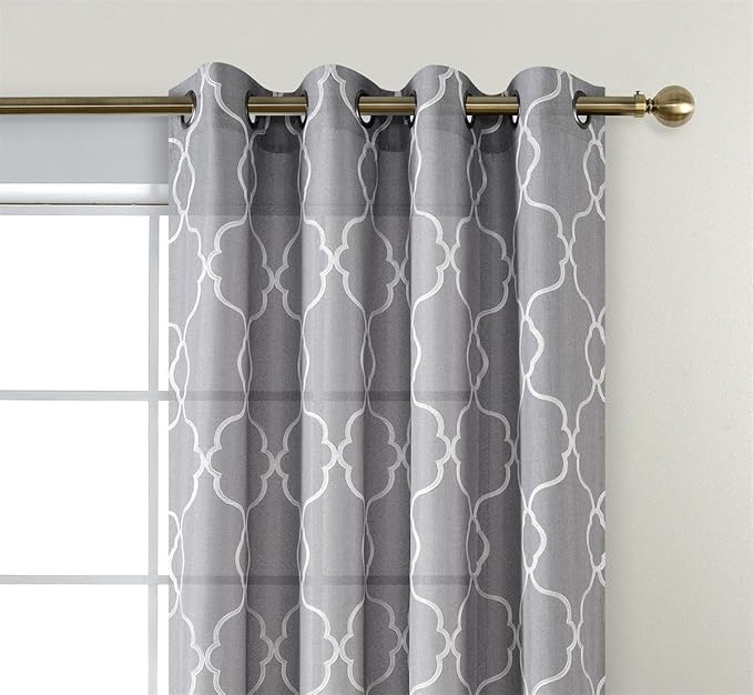 Miuco Moroccan Embroidered Semi Sheer Curtains Faux Linen Grommet Curtain Panels for Bedroom 52 x 95 Inch 2 Panels, Grey-Ruum Studio Home