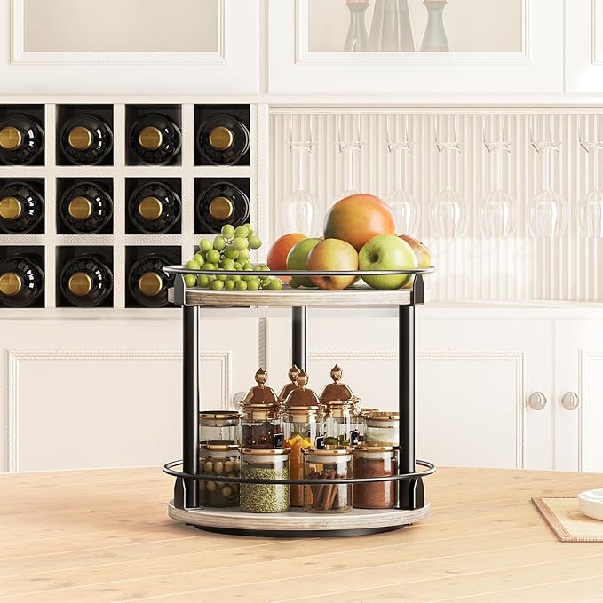 Lazy Susan Organizer, Rotating Spice Rack, 2 Tier Spice Turntable Organizer, Industrial Turntable Spice Holder, for Kitchen Countertop and Cabinet, Compact and Versatile, Greige SR22BG-Ruum Studio Home