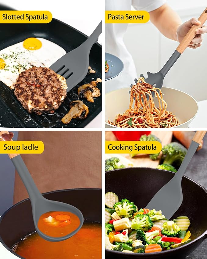 Silicone Kitchen Utensil Set for Non Stick Cookware, 7 Pcs Heat Resistant Cooking Utensils with Wooden Handle, BPA Free Kitchen Tools with Spatulas, Spoons, Skimmer and Pasta Fork (GRAY)-Ruum Studio Home