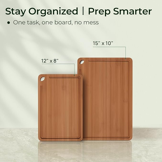 Butcher Block 2-Pcs Carbonized Bamboo Cutting Board Set With Juice Groove For Meal Prep & Cheese Serving - Ideal Kitchen Gift Set of 2 (M+L)-Ruum Studio Home