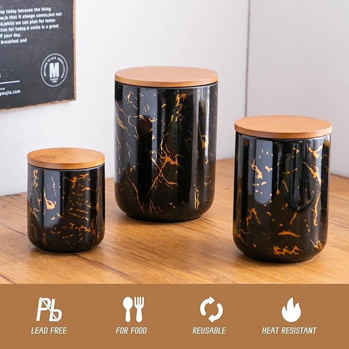 Black Ceramic Canister Set with Wooden Lid, 3-Piece Food Storage Jars for Kitchen Counter, Storage Container for Sugar, Coffee, Tea, Spice-Ruum Studio Home