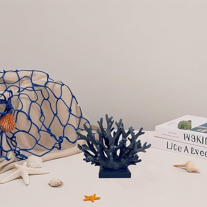 5.8" H Dark Blue Coral Decor - Resin Coral Statue, Nautical Decor for Home, Bedroom, Bathroom, Living Room, Ocean Themed Cabinet Shelf Tabletop Decoration-Ruum Studio Home