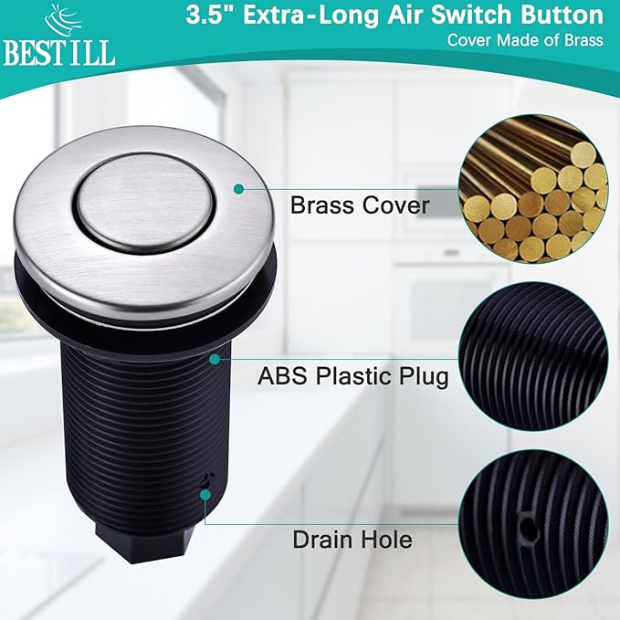 BESTILL Garbage Disposal Air Switch Kit - UL Listed, Cordless Sink Top Switch Button for Waste Disposer, 3.6" Long Push Button with Brass Cover, Brushed Nickel, Compatible with all Garbage Disposals-Ruum Studio Home