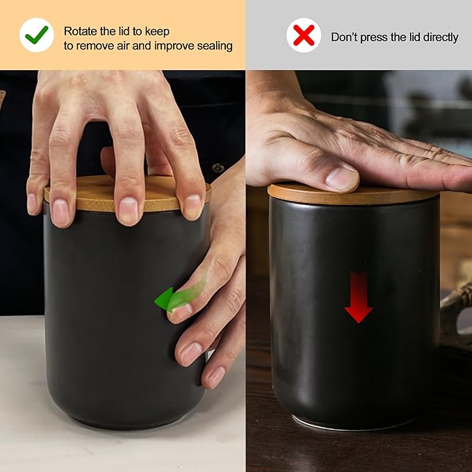 Black Canister Sets for Kitchen, 3pcs Ceramic Canisters with Airtight Wooden Lid, Food Storage Jar, Large Kitchen Storage Containers for Serving Coffee Beans, Tea, Sugar, Salt, Spices-Ruum Studio Home