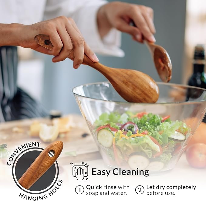 Zulay Kitchen Extra-Large 6-Piece Wooden Spoon Set - Smooth Teak Cooking Utensils - Comfort-Grip Non-Stick Turner, Spatula, Skimmer, Fork, Serving Spoon-Ruum Studio Home