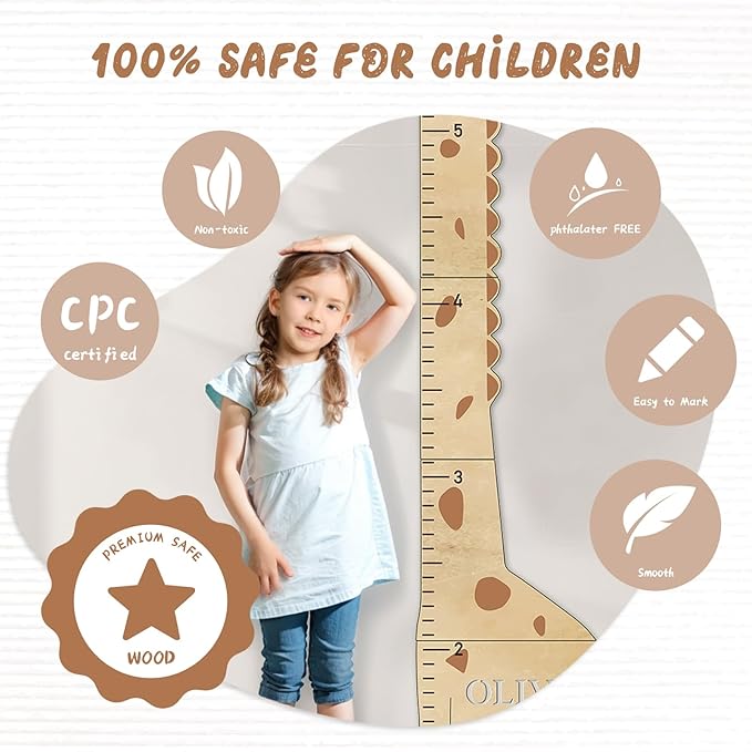 Personalized Name Kids Growth Chart for Wall, Cute Giraffe Wooden Growth Chart Kids Height Chart, Wall Measurement for Kids, Height Chart for Wall, Growth Ruler for Children-Ruum Studio Home