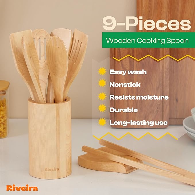Riveira Maple Wooden Spoons for Cooking Set of 9 – Natural Maple Wooden Cooking Utensils, Wooden Spatula, Wooden Spoon - Premium Quality Wooden Utensil Set for Non-Toxic Cooking-Ruum Studio Home