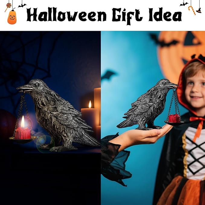 Gothic Home Decor Fake Crow Light Holder Raven Lamp Tealight Candle Holder Resin Statue Half Silver-Ruum Studio Home
