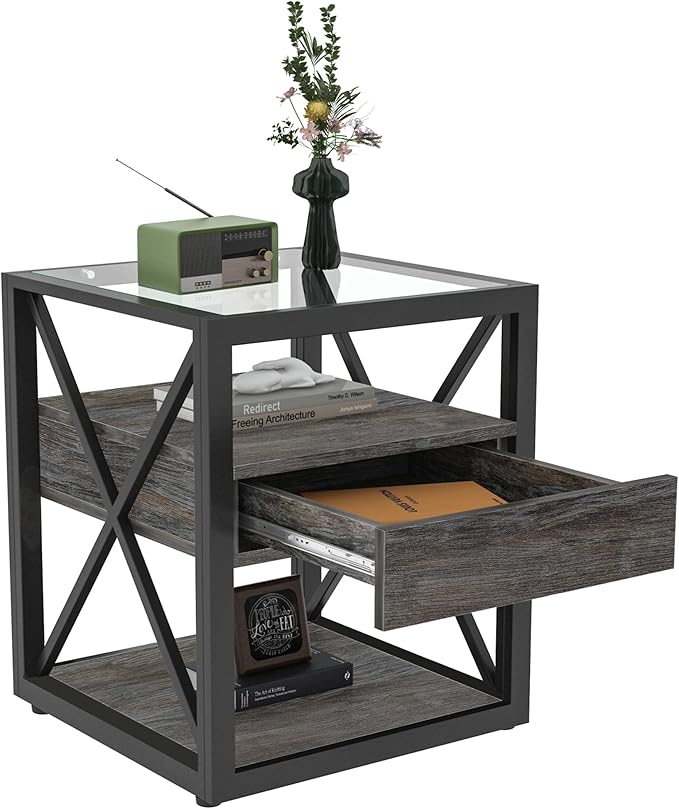 Farmhouse End Table, Modern Side Table with Drawer&3-Tier Storage Shelf, Square Rustic Nightstand, Accent Tea Table, for Bedroom Office Living Room, Grey, Natural Wood, Glass, Metal-Ruum Studio Home
