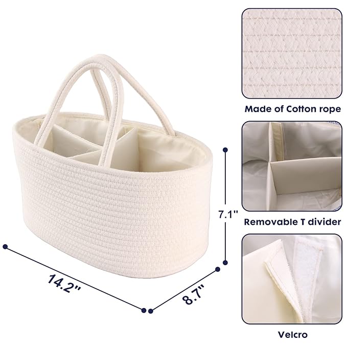 Baby Diaper Caddy Organizer for Girl Boy Cotton Rope Nursery Storage Bin Basket Portable Holder Tote Bag for Changing Table Car Travel Baby Shower Gifts Newborn Essentials Registry Must Haves White-Ruum Studio Home