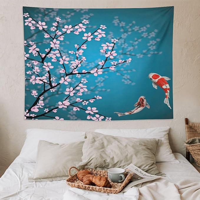 Houselerax Japanese Koi Fish Tapestry, Cherry Blossoms Asian Oriental Green Teal Flower Branch Koi Fish Carp Tapestries Wall Hanging for Bedroom Living Room Office Decor 80"x60"-Ruum Studio Home