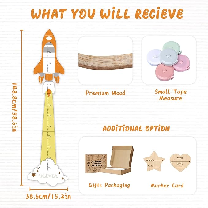 Personalized Name Height Chart for Kids, Cute Rocket Wooden Growth Chart for Kids, Wall Height Chart for Children, Cute Wall Ruler for Kids, Track Height Measurement, Easy to Install-Ruum Studio Home