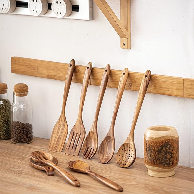 Gudamaye 13 inch Long Wooden Spoons for Cooking,Wooden Utensils for Cooking with Utensils Holder,9 PCES Wooden Kitchen Utensils Set with Utensils Holder and Spoon Rest,Natural Teak Wooden Spoons Set-Ruum Studio Home
