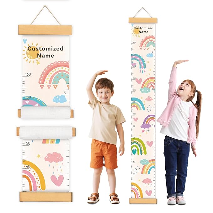 Personalized Name Growth Chart Wall Decor for Kids – Canvas Removable Height Chart Measuring Ruler 59" x 7.9" (Rainbows)-Ruum Studio Home