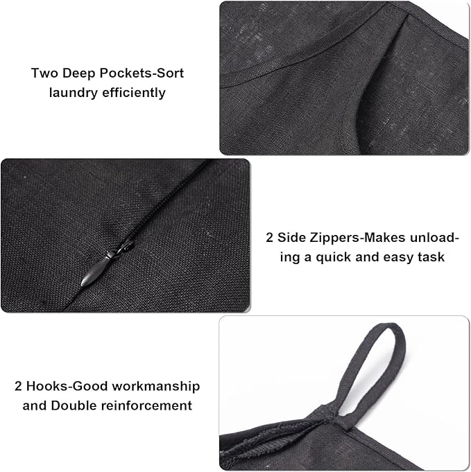 100% Pure Linen Dual Hanging Laundry Bag with 2 Deep Pocket and 2 Side Zipper 20x27in, Over The Door Laundry Hamper Space Saving Hampers for Dirty Clothes Home Travel, Black-Ruum Studio Home