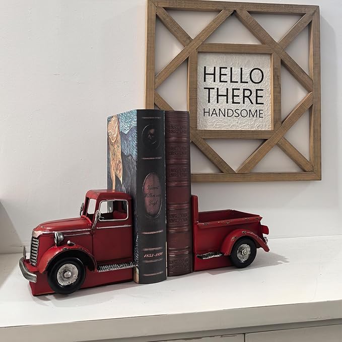 Decorative Book Ends Vintage Bookends: Metal Truck Book Stopper for Heavy Books - Farmhouse Decor for Shelf Table Coffee Bar Office Home - Gift for Adults Men Teen (Vintage Red)-Ruum Studio Home