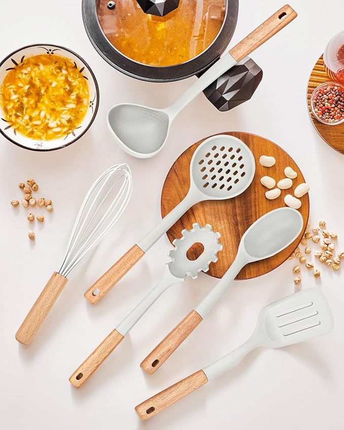 Kitchen Utensils Set, 13PCS Silicone Cooking Utensils, Heat Resistant Kitchen Utensil Spatula Set for Nonstick Cookware, Wooden Handles Kitchen Gadgets Tools Set-Ruum Studio Home