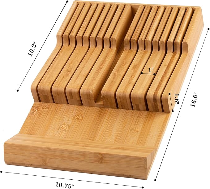 Bamboo Kitchen Drawer Knife Holder, In-drawer Knife Block, Knife Drawer Organizer fit for 16 knives and 1 steel sharpening-Ruum Studio Home