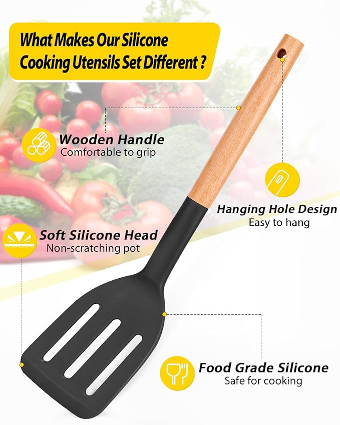 Pack of 4 Silicone Cooking Utensils Set, Non Stick Solid Spatulas and Heat Resistant Slotted Spoons with Wooden Handle, Ideal Wood Kitchen Utensils Set for Frying,Serving,Turning,Stirring (BLACK)-Ruum Studio Home