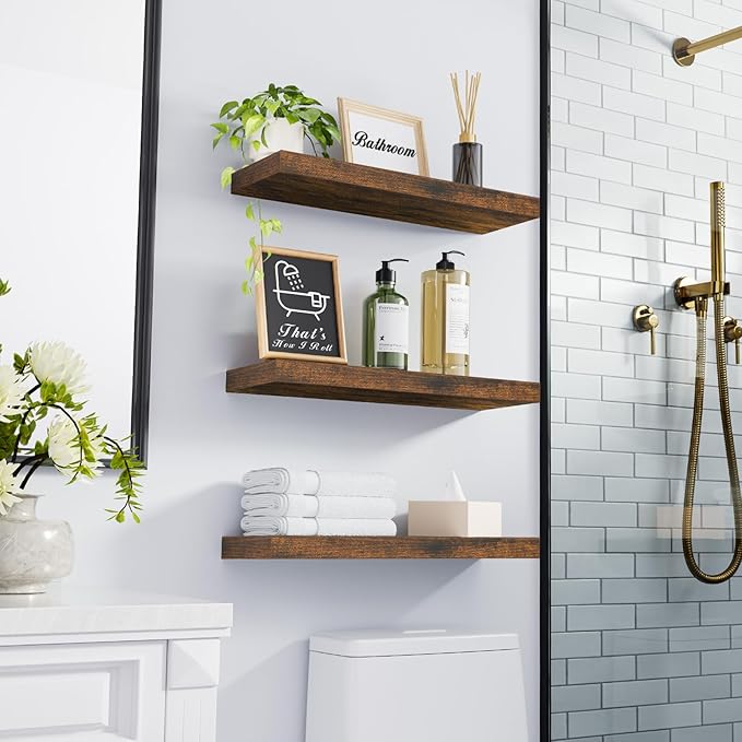 BAYKA Bathroom Floating Shelves for Wall โ Bathroom Shelf Over Toilet Farmhouse Rustic Wood for Bedroom, Kitchen, or Living Room Decor โ Rustic Brown, Set of 3, Sturdy Storage with 22lb Capacity-Ruum Studio Home